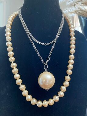 Gold Pearl Bead Necklace with Pendant on Silver Chain